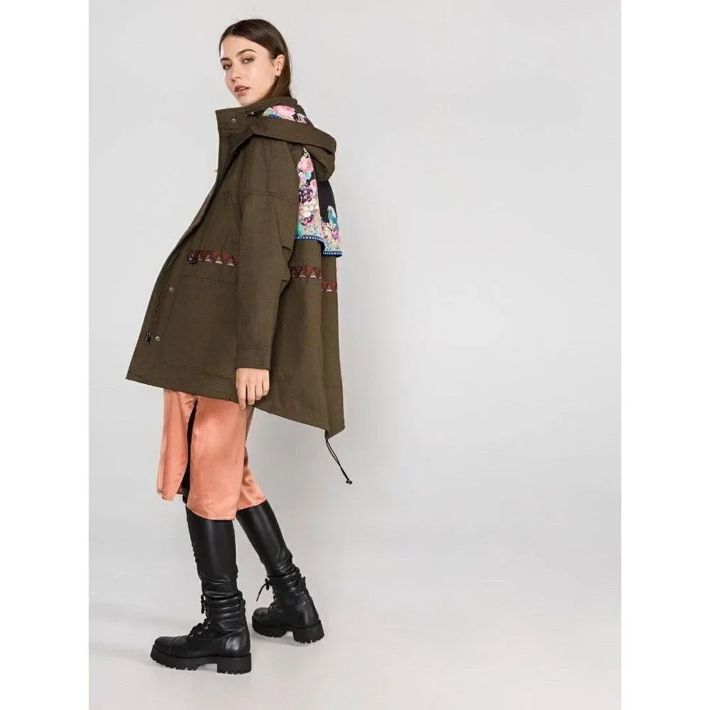Desigual Jacket WMNS 6 Green Victorian Gothic Hooded‎ Manila Parka Floral Artsy